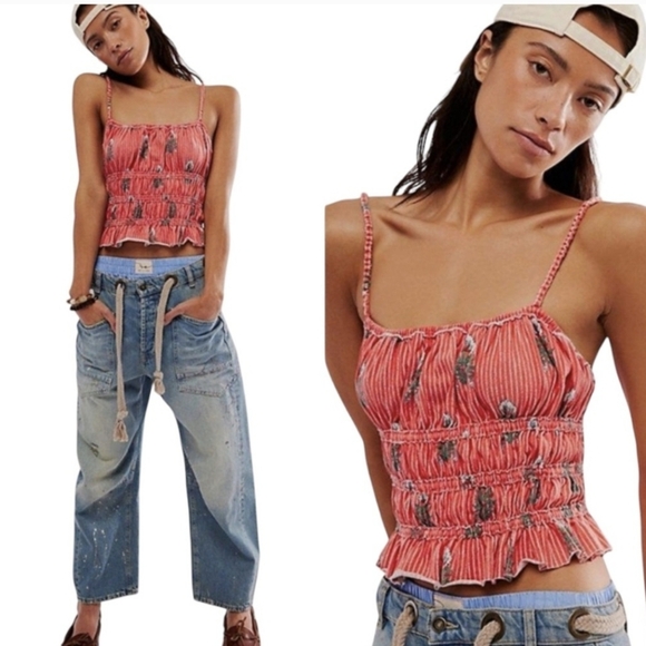 Free People NWOT Shirred Tank in Bright Coral sz LRG​​ - Picture 7 of 7